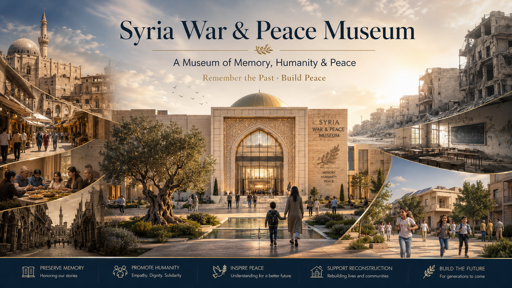 Museum proposal rendering with a civic courtyard and visitors arriving at the Syria War & Peace Museum